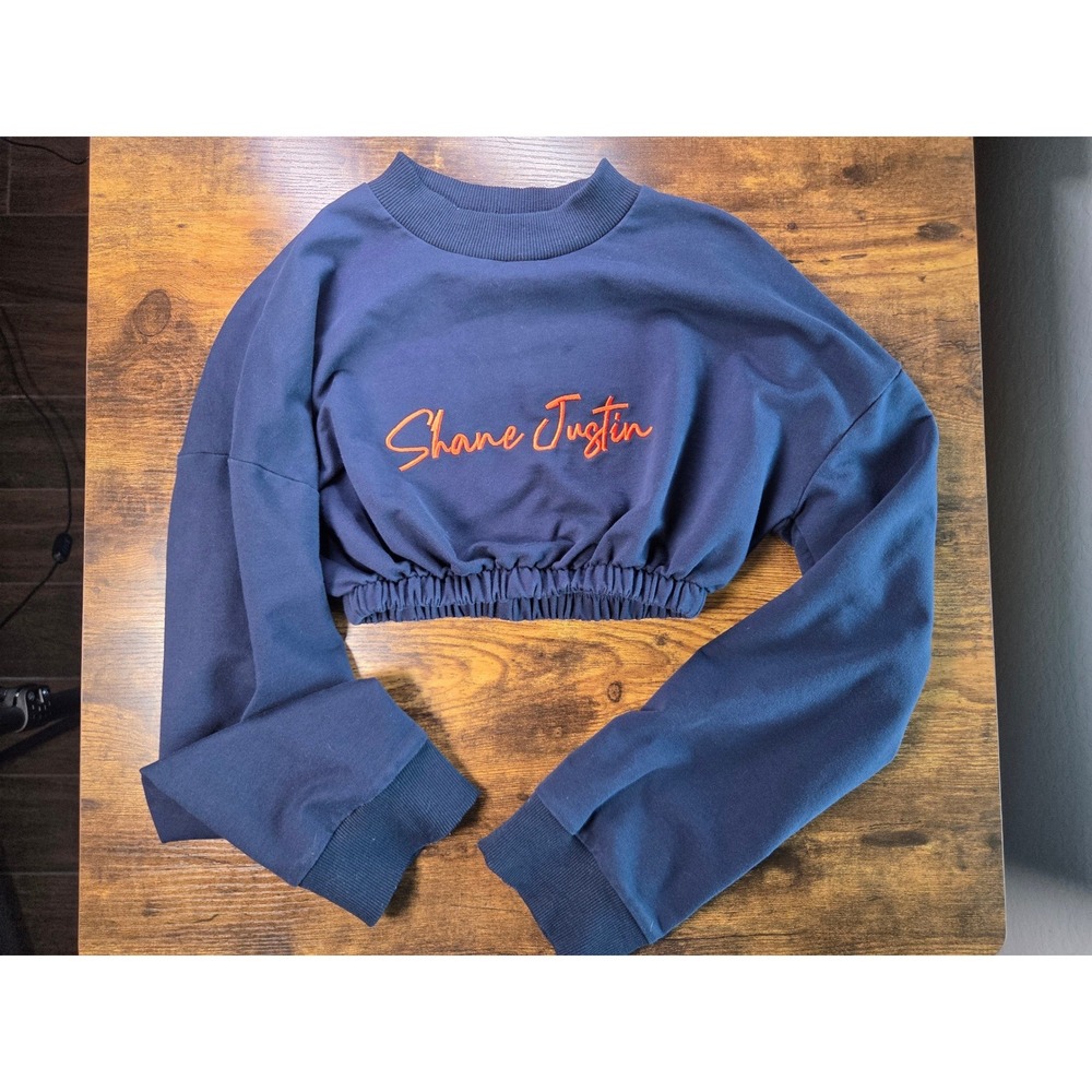 Shane Justin Womens Navy Blue Cropped Bubble Hem Sweatshirt Orange Script Small
